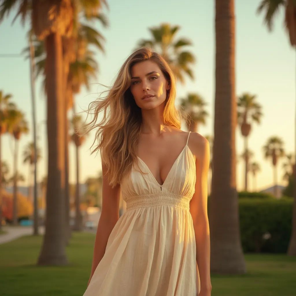  mujer elegante y chic en Los Ángeles usando un vestido de verano/traje de lino, palmeras de fondo