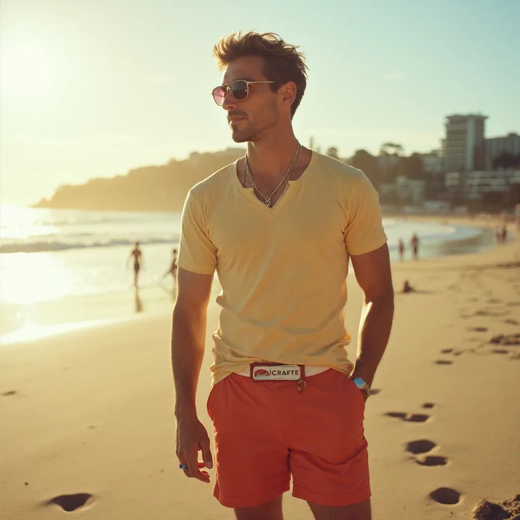  hombre elegante y a la moda en Sídney vistiendo un vestido de verano/shorts y camiseta, con Bondi Beach de fondo