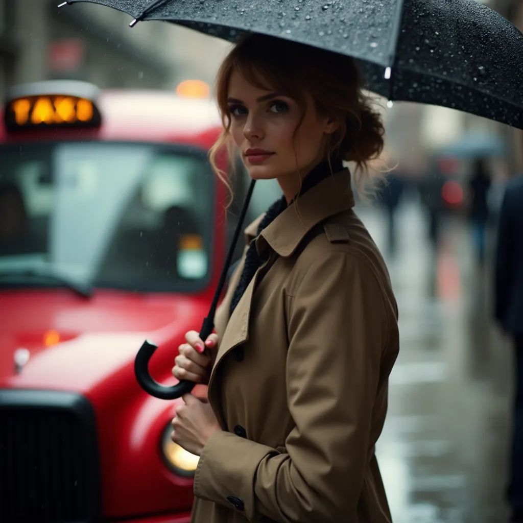  mujer elegante y chic en Londres luciendo un abrigo de trench y sosteniendo un paraguas, taxi icónico de Londres en el fondo