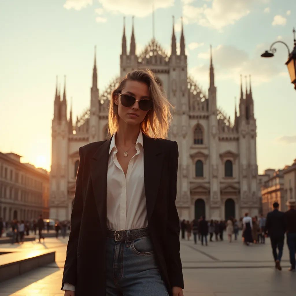  mujer elegante y moderna en Milán, vistiendo un blazer de moda y jeans, Duomo di Milano al fondo