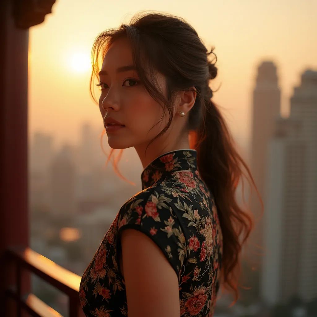  mujer elegante y moderna en Shanghái vistiendo un qipao/sastre de cuello mandarín tradicional, con un horizonte moderno de fondo