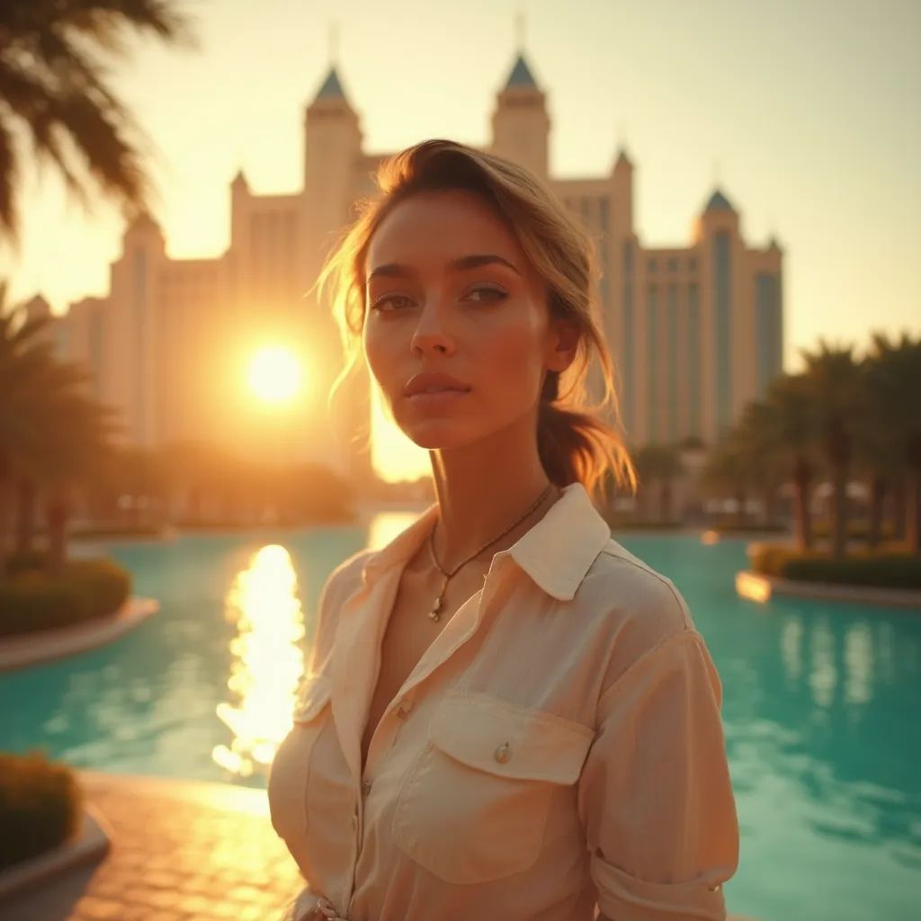  mujer elegante y chic en Dubái llevando un vestido de verano/una camisa de lino elegante, el hotel Atlantis de fondo