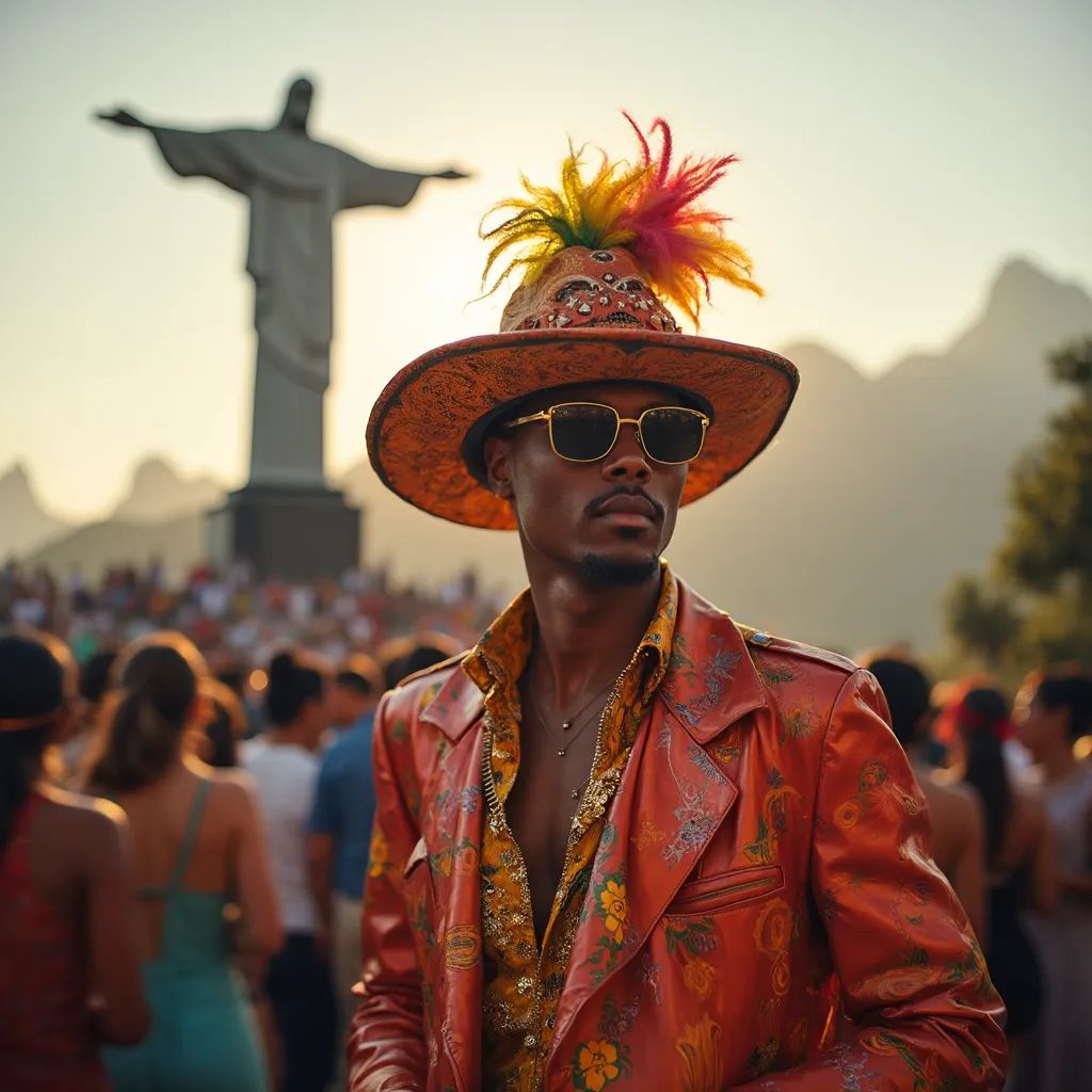  hombre elegante y moderno en Río de Janeiro vistiendo un disfraz vibrante inspirado en el carnaval, estatua del Cristo Redentor al fondo