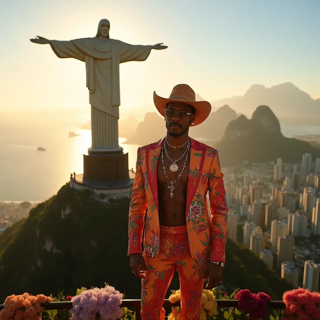  hombre elegante y a la moda en Río de Janeiro que lleva un disfraz vibrante inspirado en el carnaval, con la estatua del Cristo Redentor de fondo