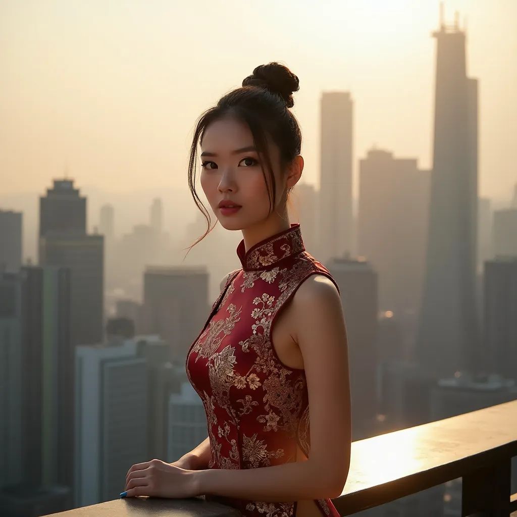  mujer elegante y chic en Shanghái vistiendo un traje tradicional de qipao o de cuello mandarín, con un horizonte moderno de fondo