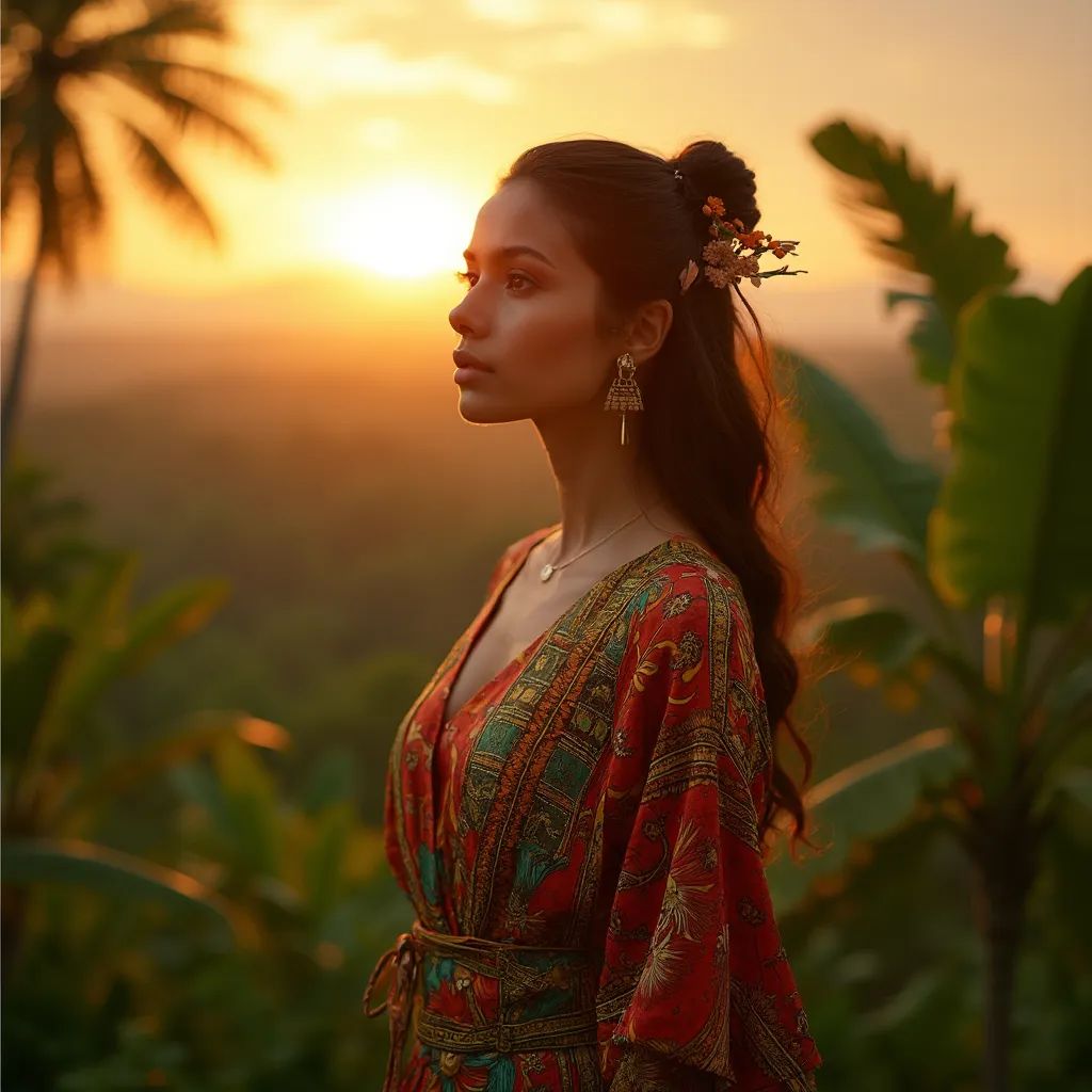  mujer elegante y chic en Bali vestida con ropa Batik vibrante, con Bali, Indonesia de fondo