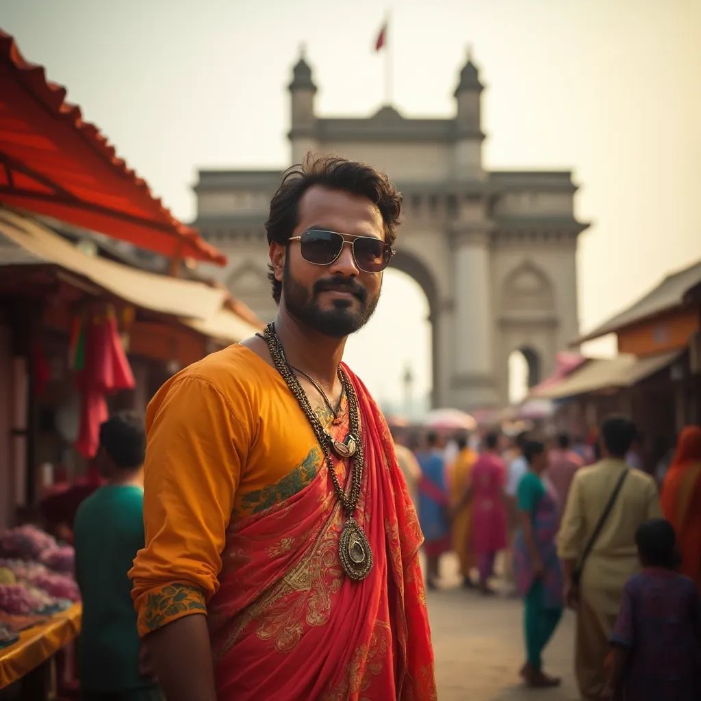  hombre elegante y a la moda en Mumbai vistiendo un vibrante saree/kurta, Puerta de la India de fondo