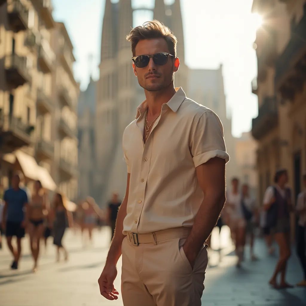  hombre elegante y moderno en Barcelona con un atuendo veraniego con estilo, La Sagrada Família de fondo