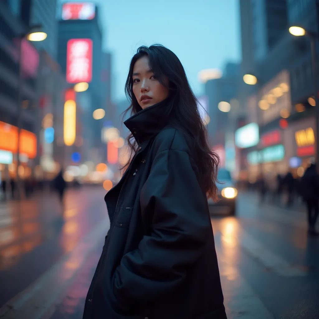  mujer elegante y moderna en Shanghái vistiendo un atuendo contemporáneo de streetwear, con la calle Nanjing de fondo