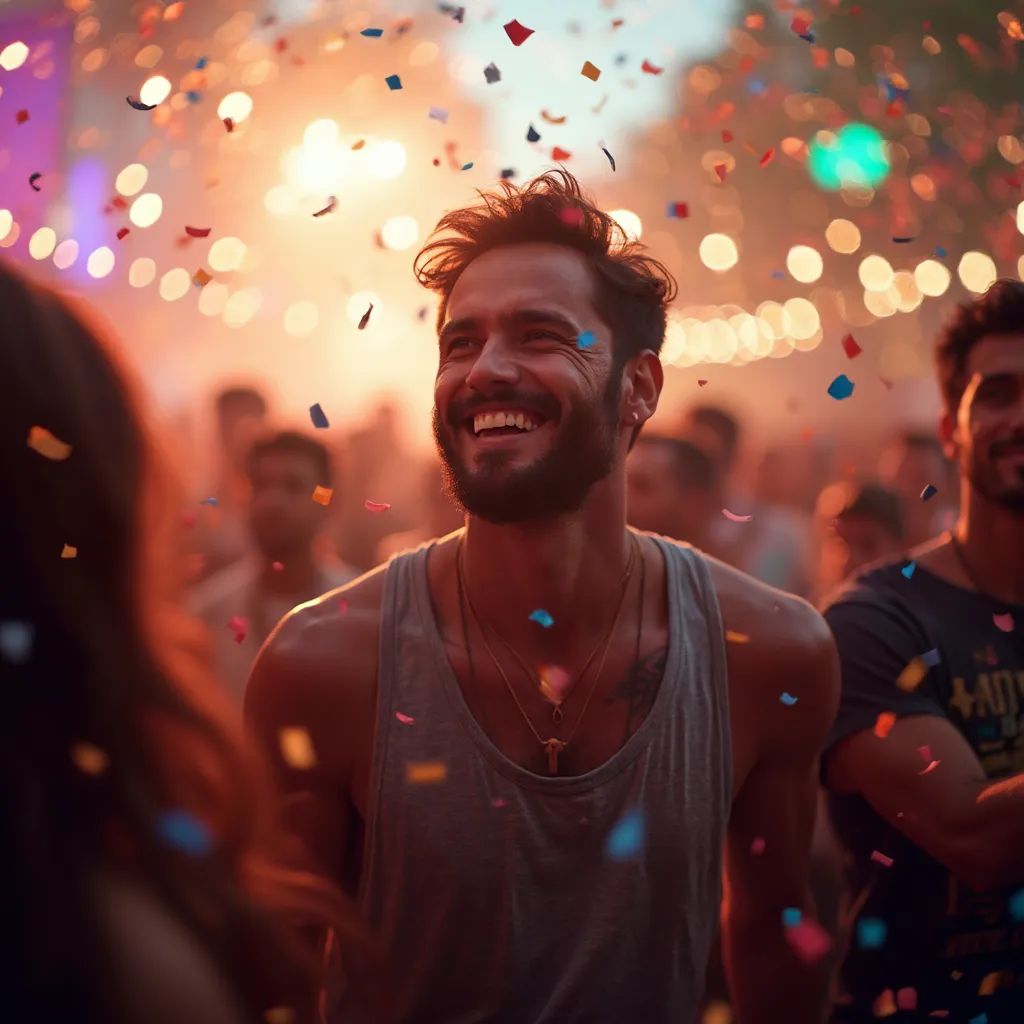  un hombre impresionante rodeado de una multitud de compañeros asistentes al festival, capturando el sentido de comunidad y celebración en el festival