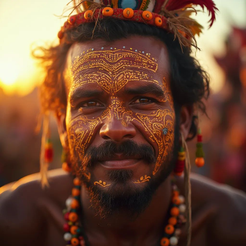  un hombre con un diseño de pintura facial tribal, añadiendo un elemento de inspiración tribal y cultural a su look de festival