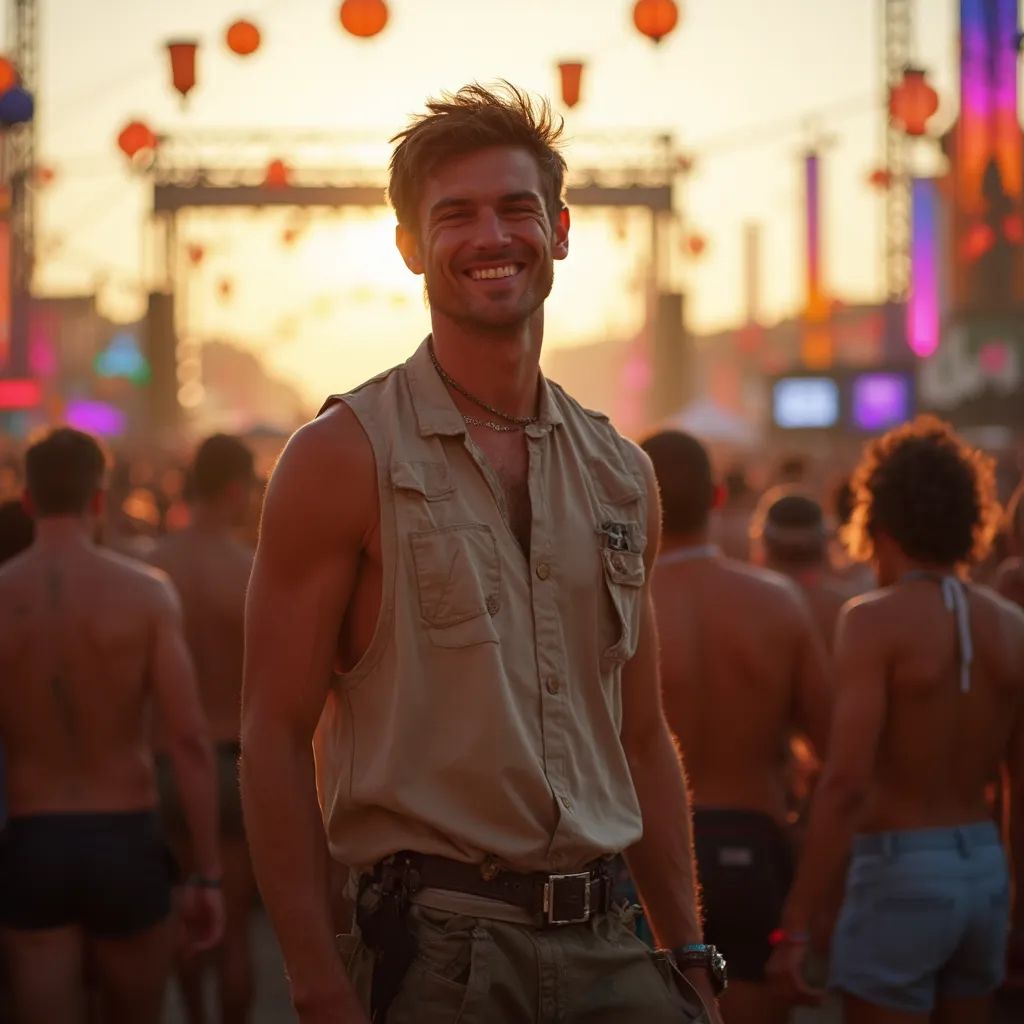  un hombre con una camiseta sin mangas y pantalones cargo, encarnando la naturaleza libre y despreocupada de un festival de música