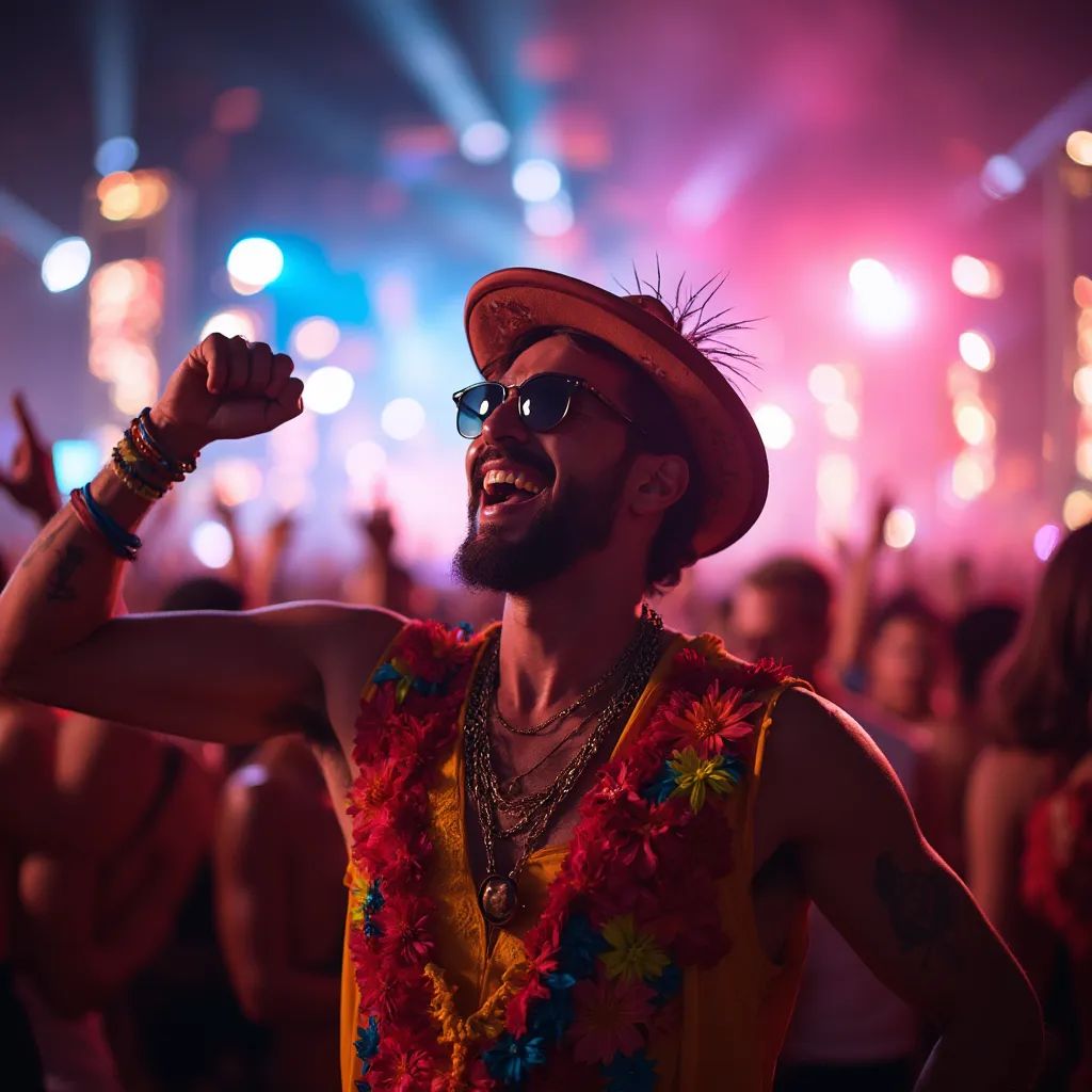  un hombre con un atuendo inspirado en festivales, bailando con una multitud de otros asistentes al festival, capturando la atmósfera energética y animada