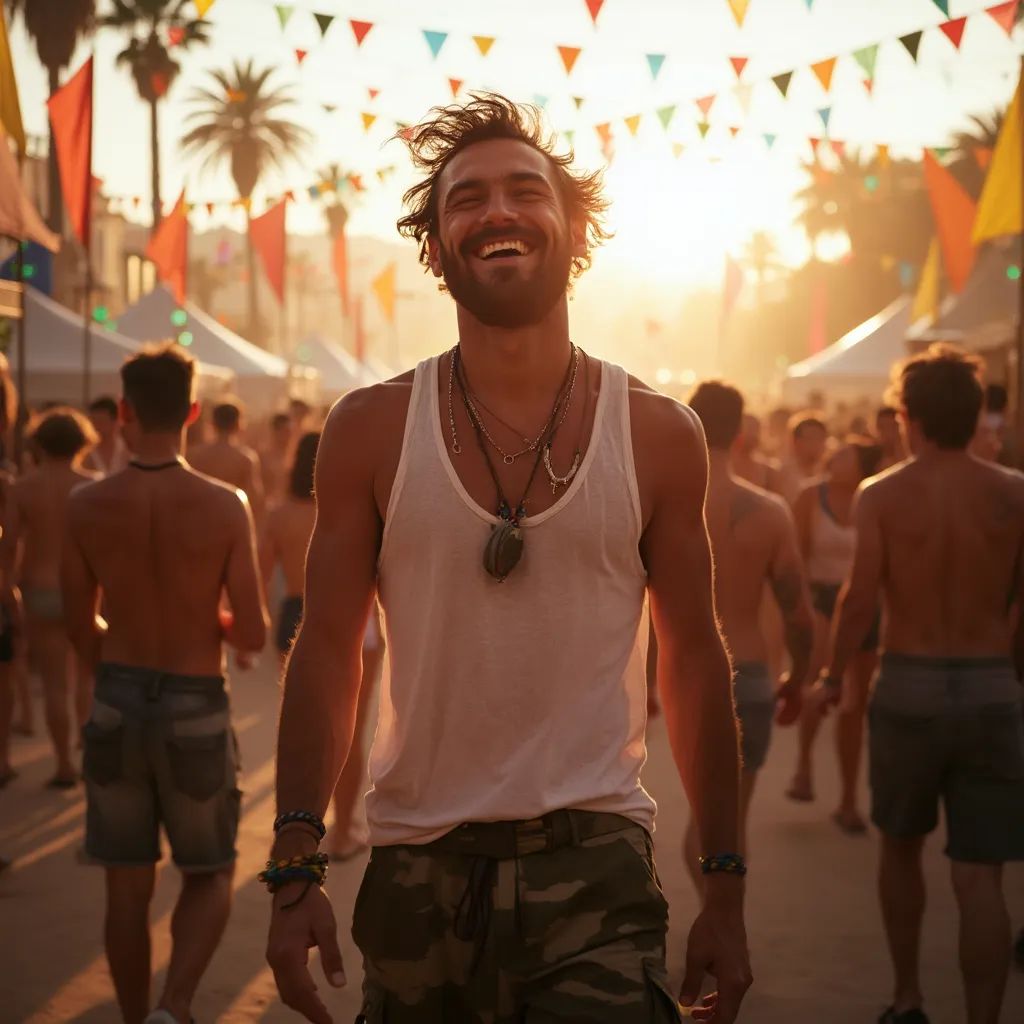  un hombre con una camiseta sin mangas y pantalones cargo, encarnando la naturaleza libre y despreocupada de un festival de música