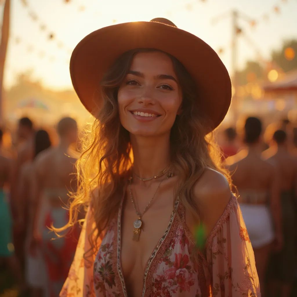  una mujer en un mono bohemio y un sombrero de ala ancha, posando frente a un telón de fondo de escenario, capturando la emoción de un festival de música