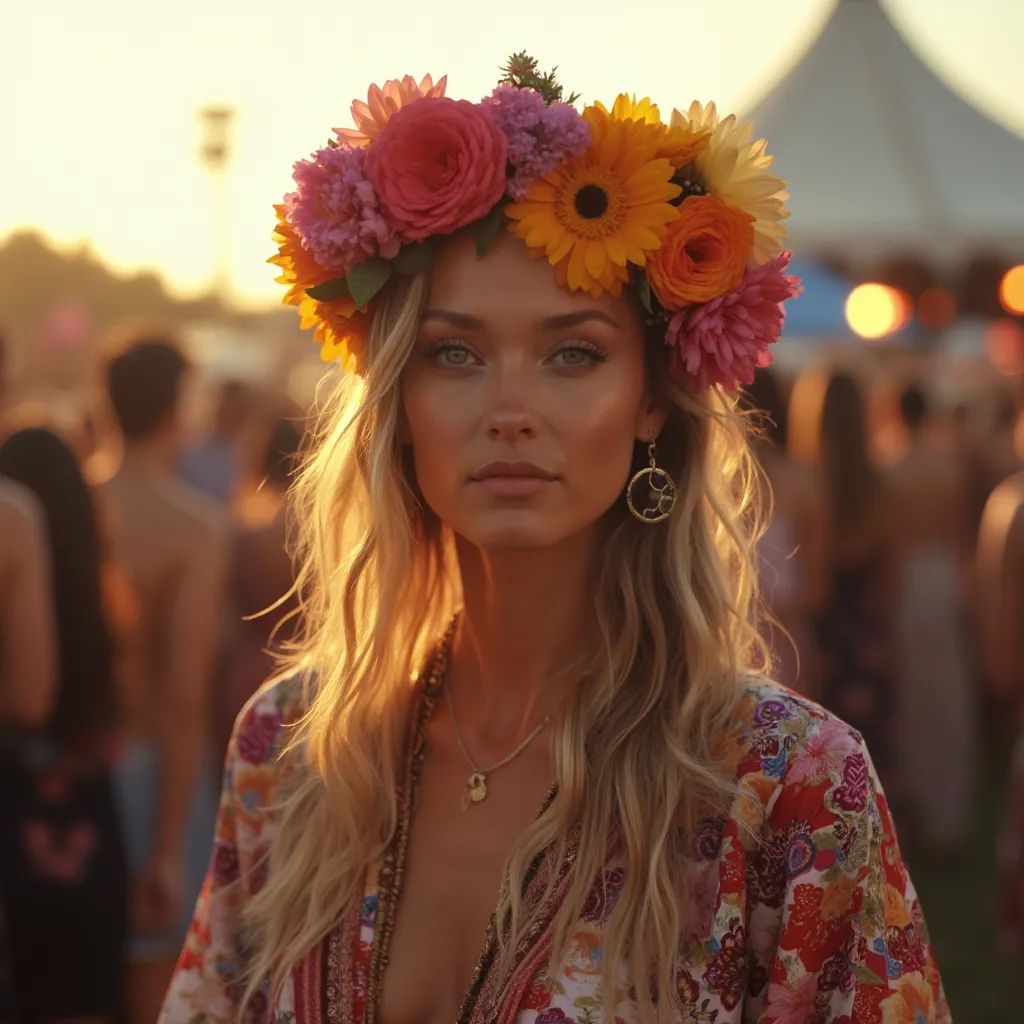  una mujer impresionante en un kimono fluido y una corona de flores, encarnando la fusión de estilos bohemios y rock n roll en el festival