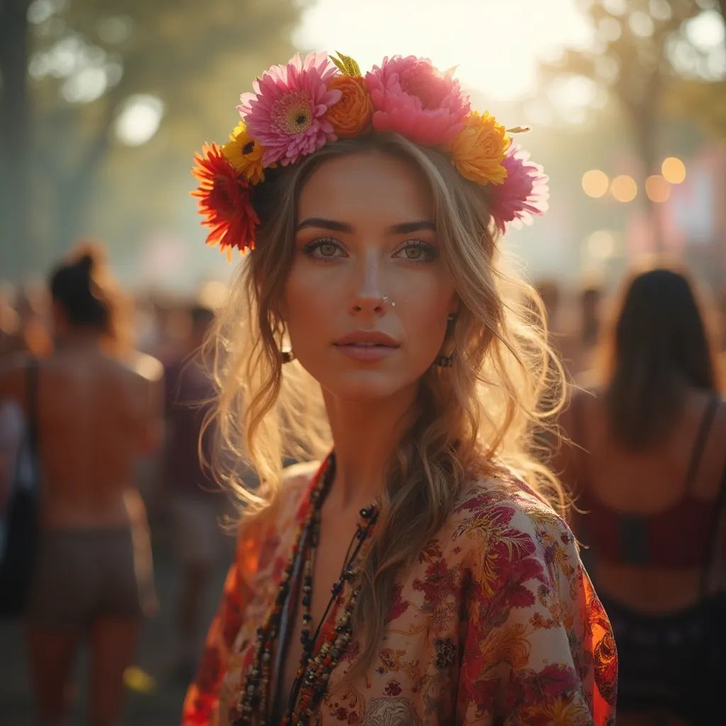  una mujer impresionante con un kimono fluido y una corona de flores, personificando la fusión de estilos bohemio y rock n roll en el festival