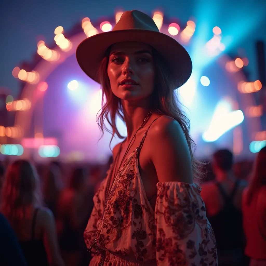  una mujer en un mono bohemio y un sombrero de ala ancha, posando frente a un telón de fondo de escenario, capturando la emoción de un festival de música