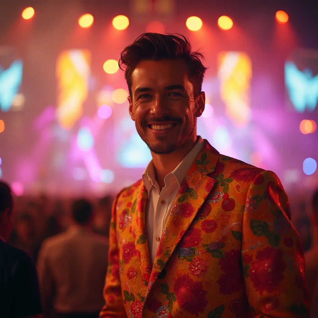  un hombre increíblemente atractivo en un traje de festival, abrazando las vibraciones del festival y posando contra un fondo de luces de escenario coloridas y decoraciones