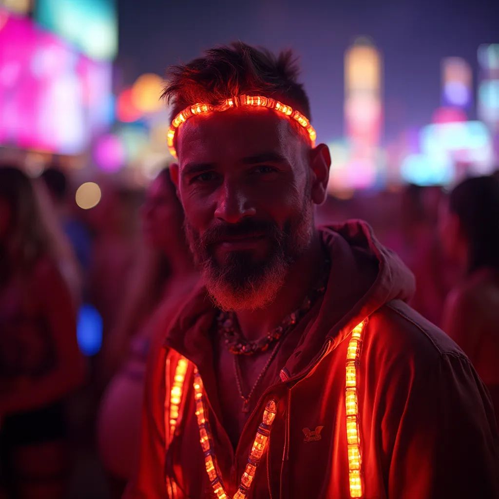  un hombre con accesorios LED brillantes, destacándose en la multitud y abrazando la vibrante atmósfera del festival