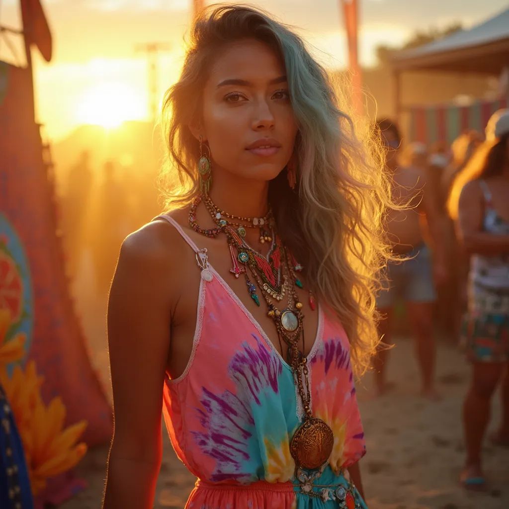  una mujer impresionante en un mono de tie-dye y accesorios llamativos, capturando su aspecto ecléctico y de moda de festival