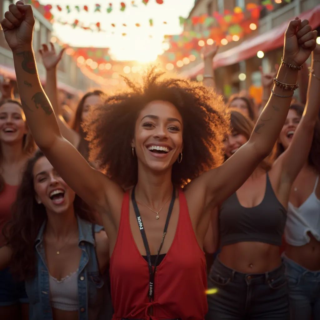  una mujer impresionante rodeada de un grupo de amigos, capturando el sentido de comunidad y celebración en el festival