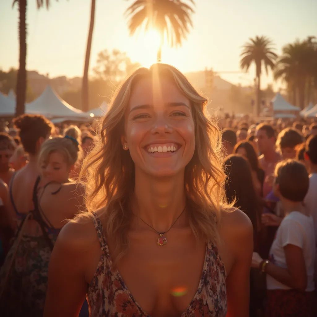  una mujer disfrutando de una actuación en vivo en un día soleado, con brillo en su rostro, irradiando la alegría y emoción del festival