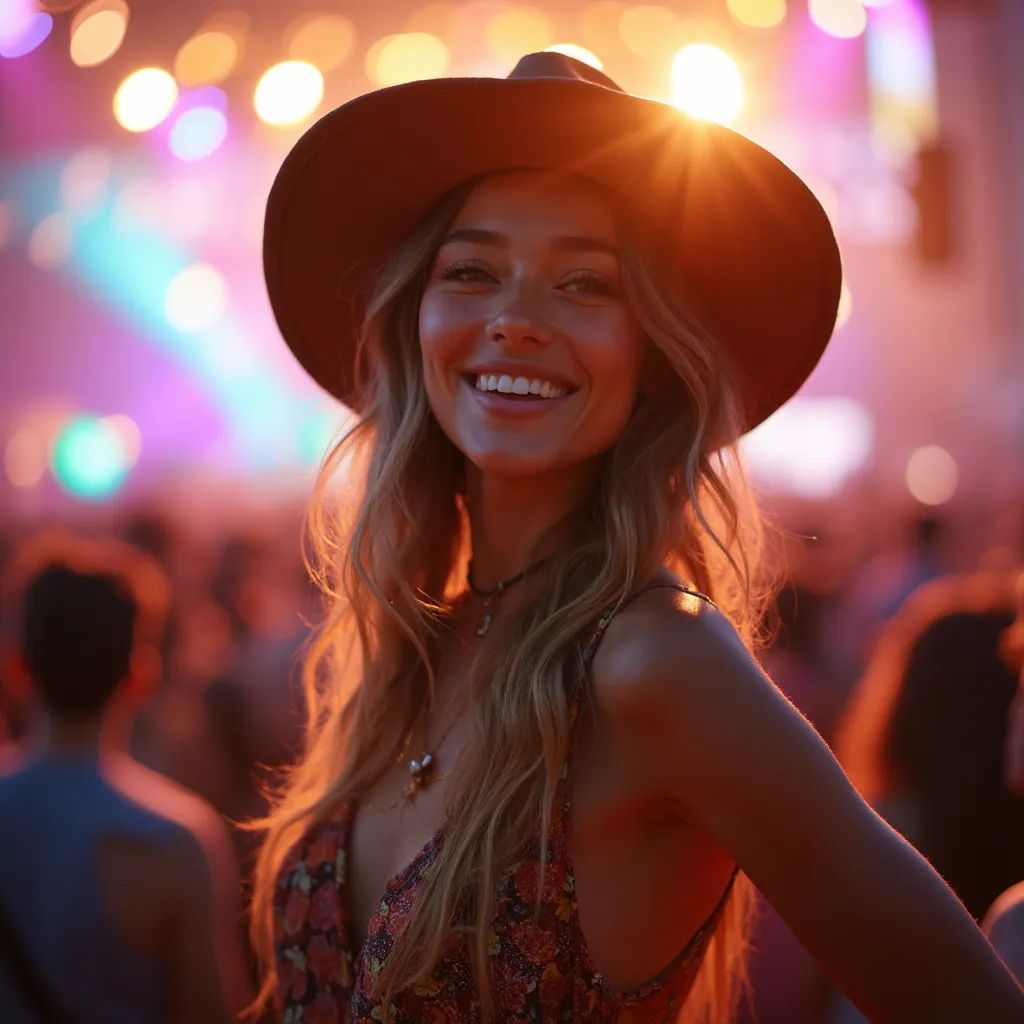  una mujer en un mono bohemio y un sombrero de ala ancha, posando frente a un fondo de escenario, capturando la emoción de un festival de música