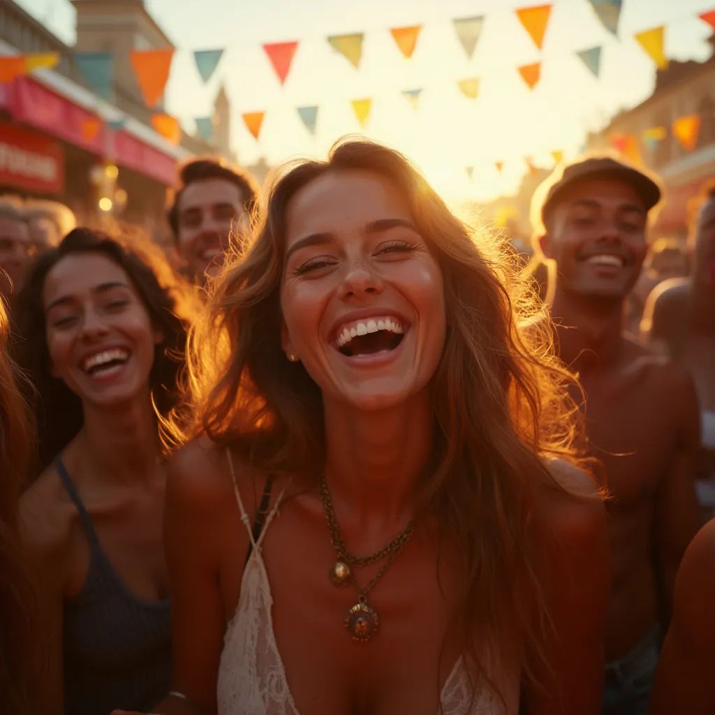  una mujer deslumbrante rodeada de un grupo de amigos, capturando el sentido de comunidad y celebración en el festival