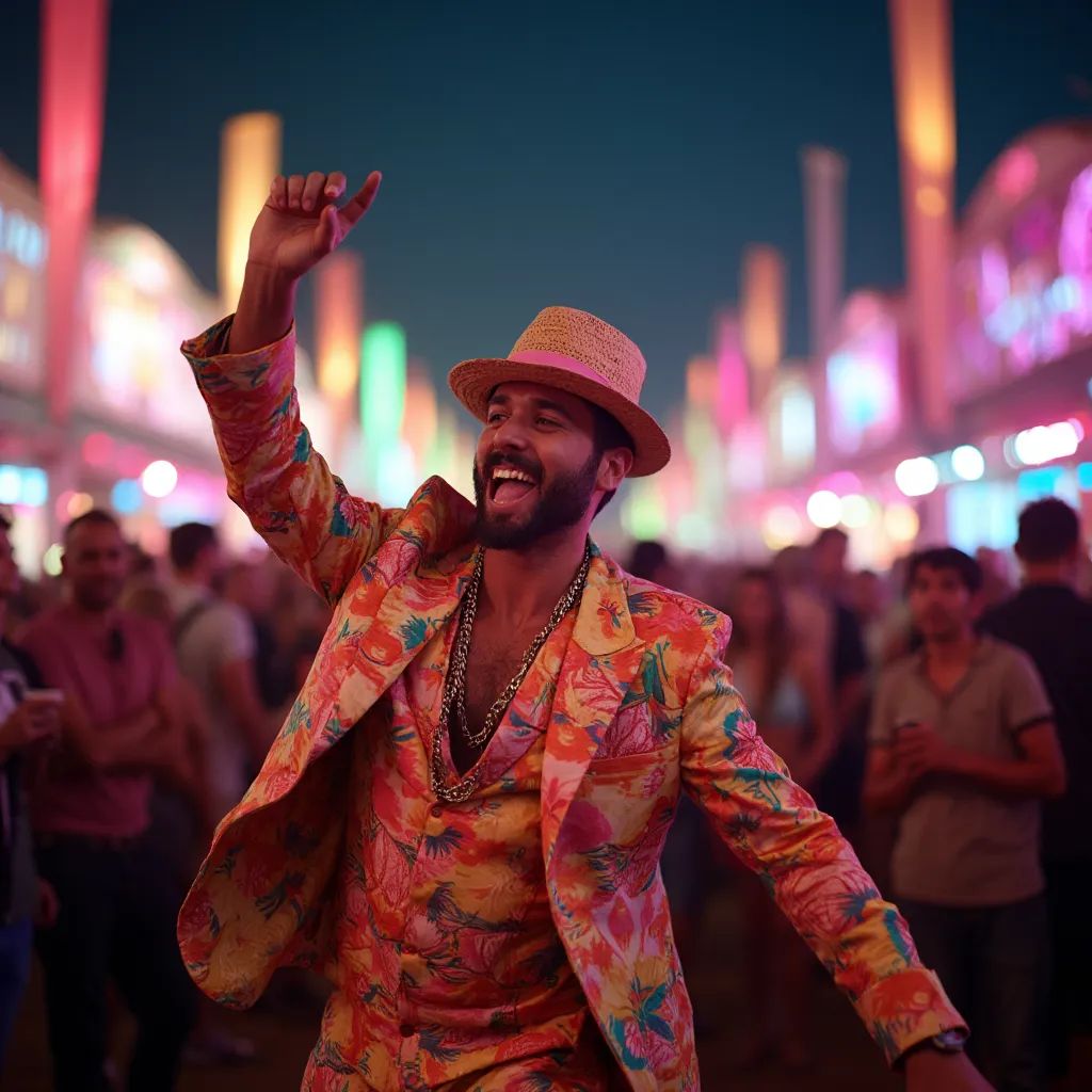  un hombre con un traje inspirado en un festival, bailando con una multitud de otros asistentes al festival, capturando la atmósfera energética y animada