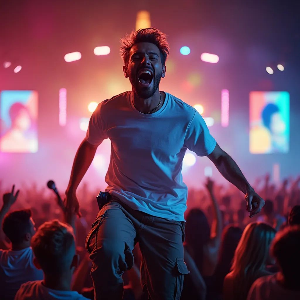  un hombre con una camiseta y pantalones cargo, capturando su energía contagiosa y entusiasmo por la música