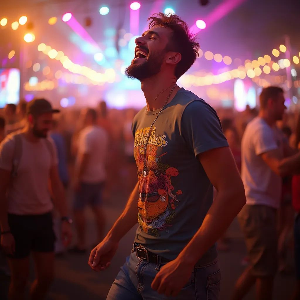  un hombre impresionante como asistente a un festival, bailando y disfrutando de la música en una multitud vibrante, vistiendo una camiseta gráfica colorida y pantalones cortos de mezclilla