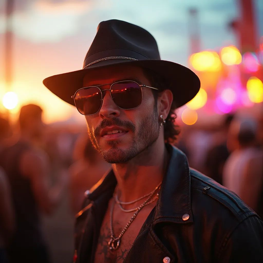  un hombre impresionante con un sombrero elegante y gafas de sol, capturando la esencia de la moda de festivales y la individualidad