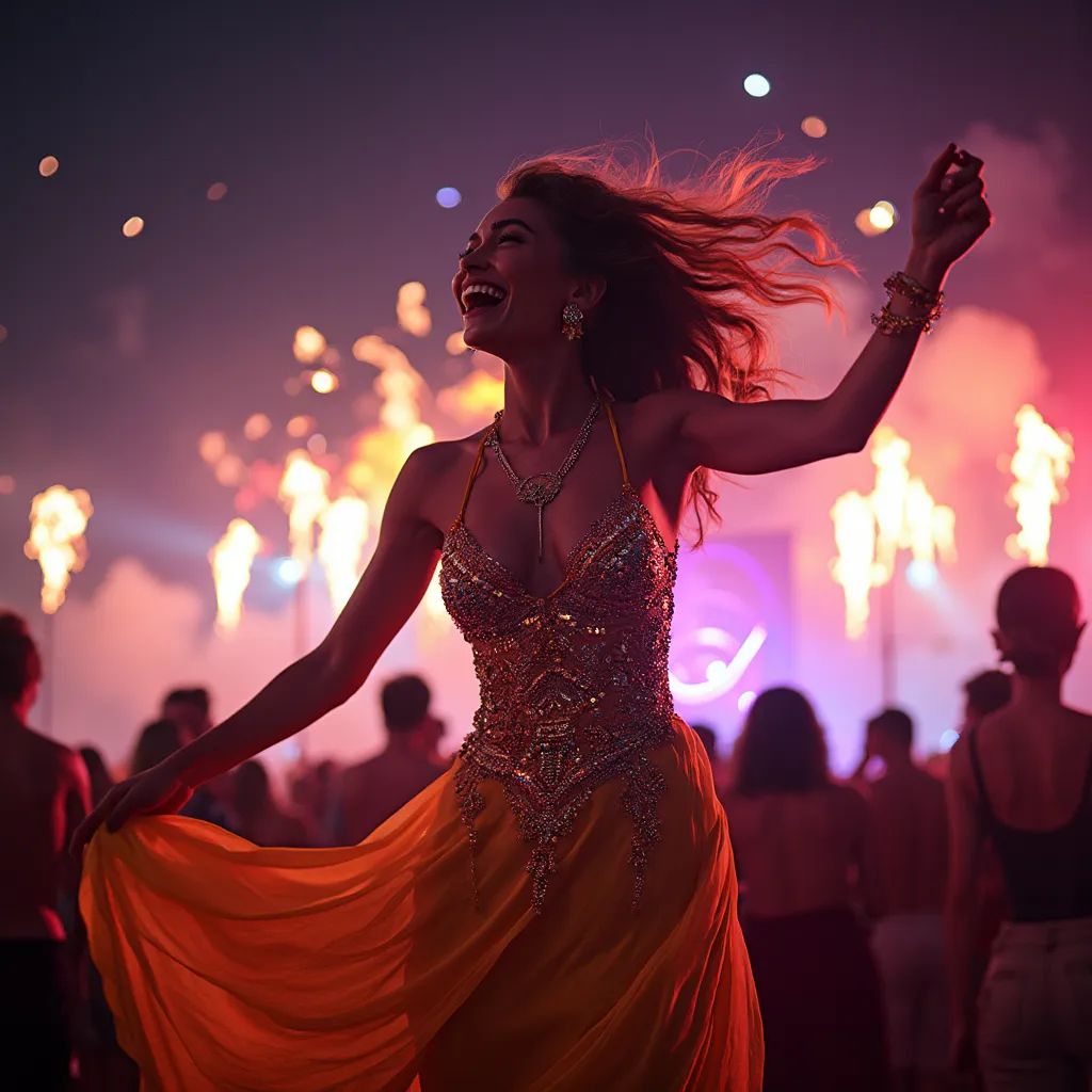 una mujer radiante con un vestido de colores brillantes y accesorios llamativos, disfrutando de un momento de baile en un festival de música, con fuegos artificiales iluminando el cielo nocturno y una multitud eufórica de fondo, reflejando la energía vibrante del evento.