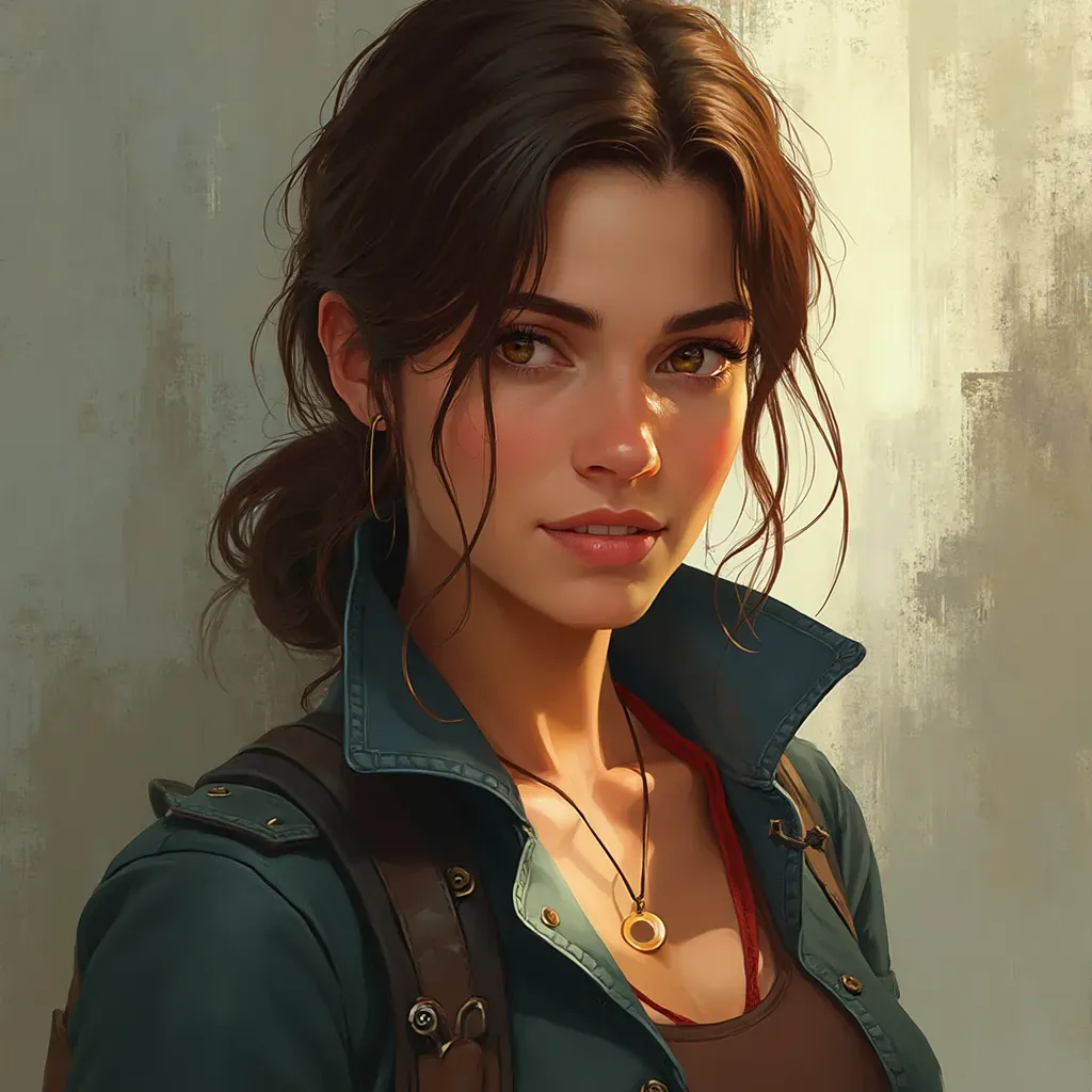  retrato de una mujer, inspirada en Elena Fisher, cazadora de tesoros, aventurera moderna, pintura digital, artstation, arte conceptual, suave, enfoque nítido, ilustración, Naughty Dog, Uncharted