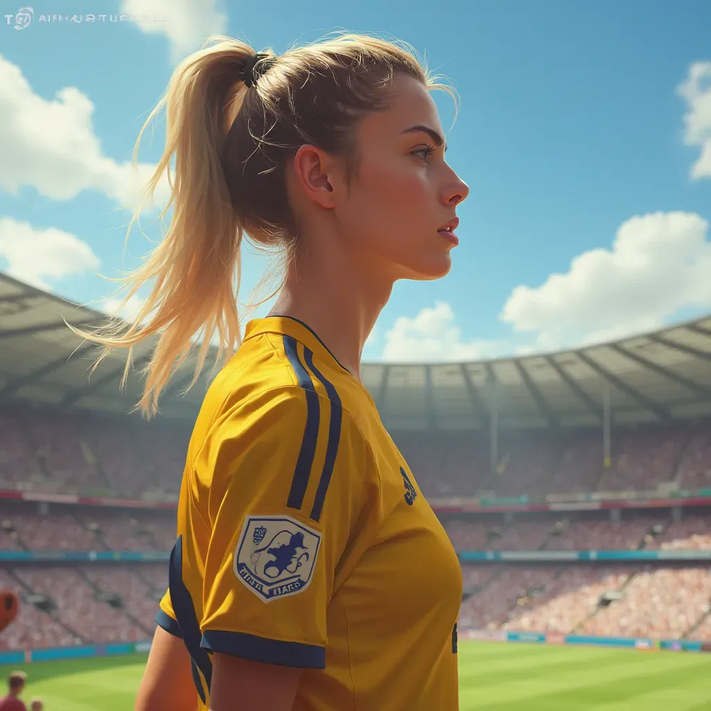  retrato de una mujer, inspirado en jugadores de fútbol, estadio, pose de acción, pintura digital, artstation, arte conceptual, suave, enfoque nítido, ilustración, EA Sports, FIFA