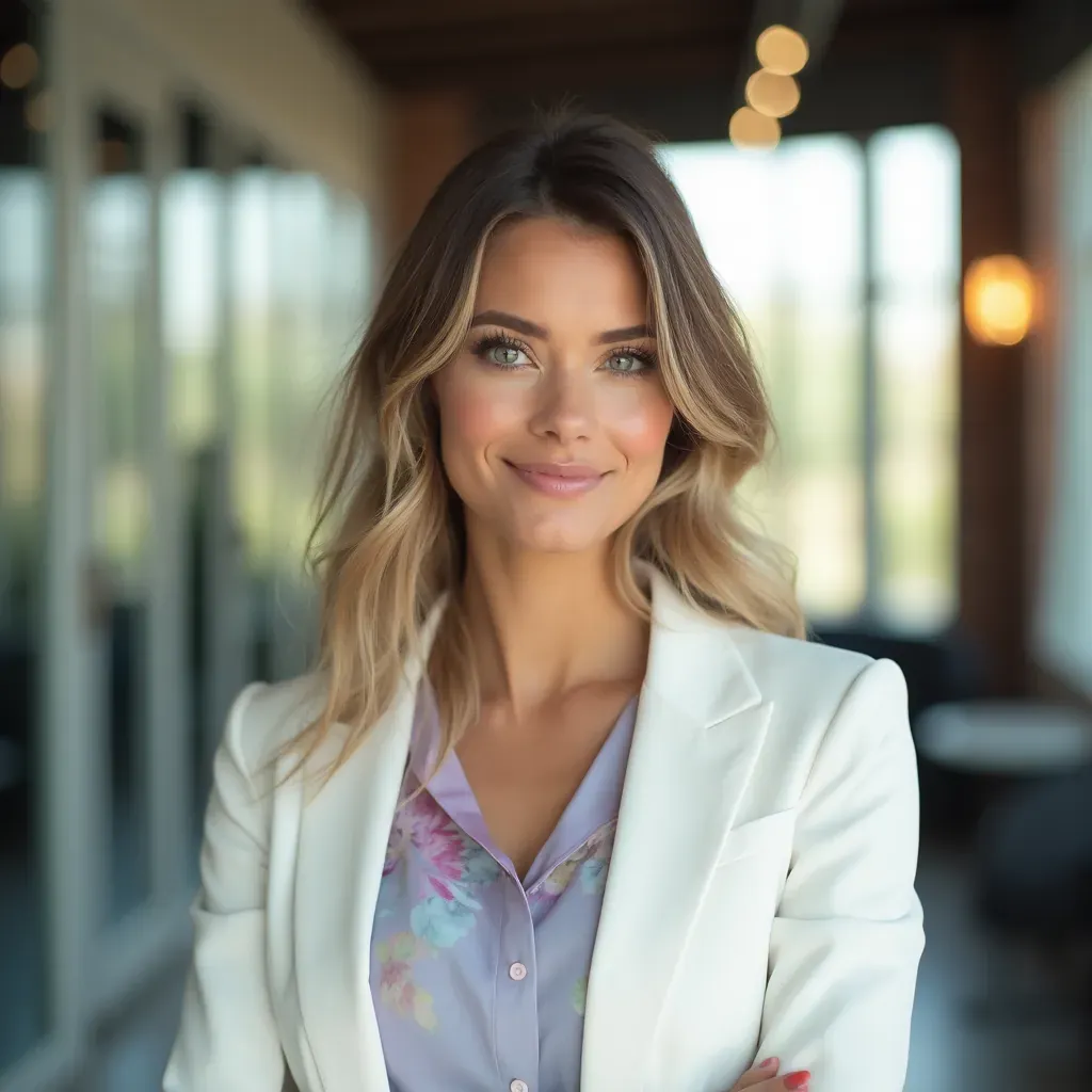 foto de una mujer joven profesional en un entorno corporativo vibrante, fondo de un elegante espacio de trabajo con paredes de vidrio y luz natural que entra por grandes ventanales, retrato en ángulo de 30 grados con una mirada confiada y amigable, vestida con una blusa de color pastel y un blazer blanco, iluminación suave que acaricia su rostro, técnica de bokeh que desenfoca el ambiente, inspirada en el estilo de retratos de Richard Avedon, resolución 8k, detalles vívidos y realistas.