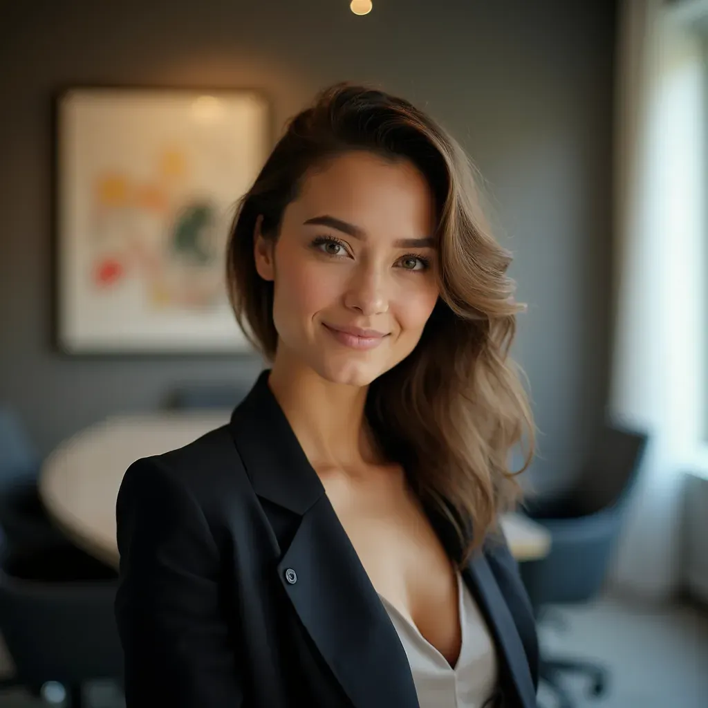 foto de una mujer joven profesional en un entorno corporativo elegante, fondo de una moderna sala de conferencias decorada con arte abstracto, retrato en primer plano con una ligera inclinación hacia un lado y una expresión decidida y amable, vestida con un vestido de corte limpio y un blazer oscuro, iluminación difusa que suaviza sus rasgos y crea un ambiente acogedor, inspirada en el estilo fotográfico de Yousuf Karsh, resolución 8k, detalles nítidos y vibrantes.