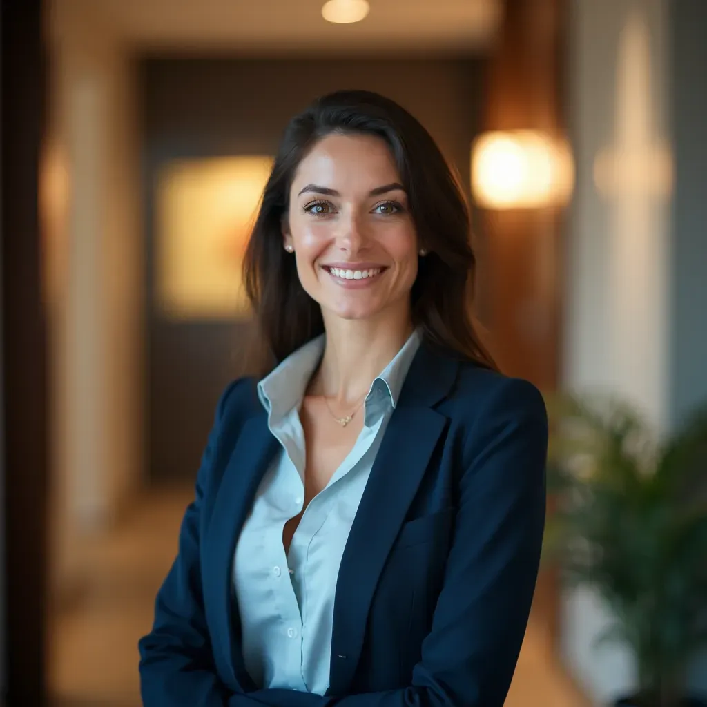 foto de una mujer joven profesional en un entorno corporativo sofisticado, fondo de una elegante entrada de oficina con arte contemporáneo y luz cálida, retrato a tres cuartos con una expresión decidida y amigable, vestida con una blusa clara y un blazer de color marino, iluminación suave que resalta su rostro y da un aire acogedor, técnica de iluminación de clave baja que añade profundidad, inspirada en el estilo de retratos de Richard Avedon, resolución 8k, detalles vibrantes y realistas.