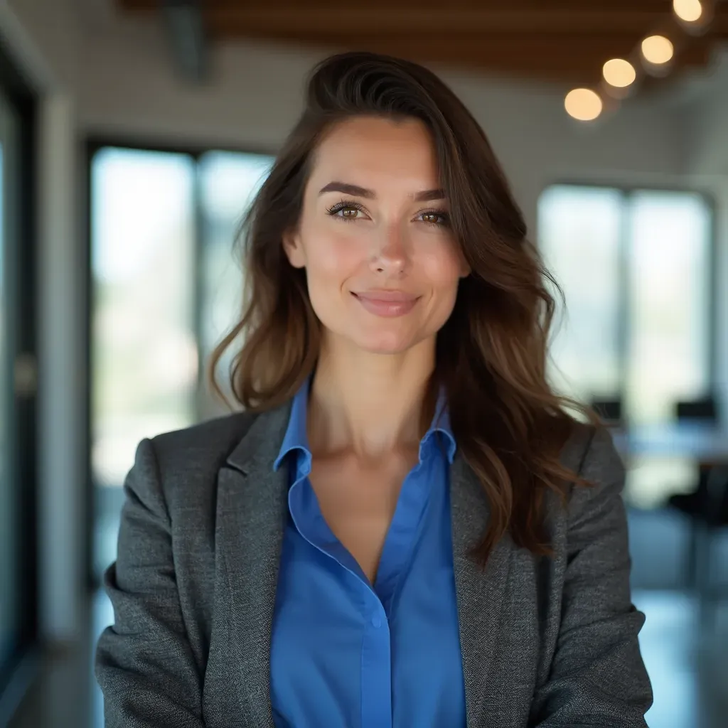 foto de una mujer joven profesional en un entorno corporativo contemporáneo, fondo de una sala de reuniones con decoración minimalista y luz suave entrando por ventanas amplias, retrato en ángulo de 45 grados con una postura abierta y amigable, vestida con una blusa azul claro y un blazer gris, mirada decidida y profesional, técnica de iluminación de tres puntos que resalta su rostro, inspirada en el estilo fotográfico de Martin Parr, resolución 8k, detalles nítidos y vibrantes.