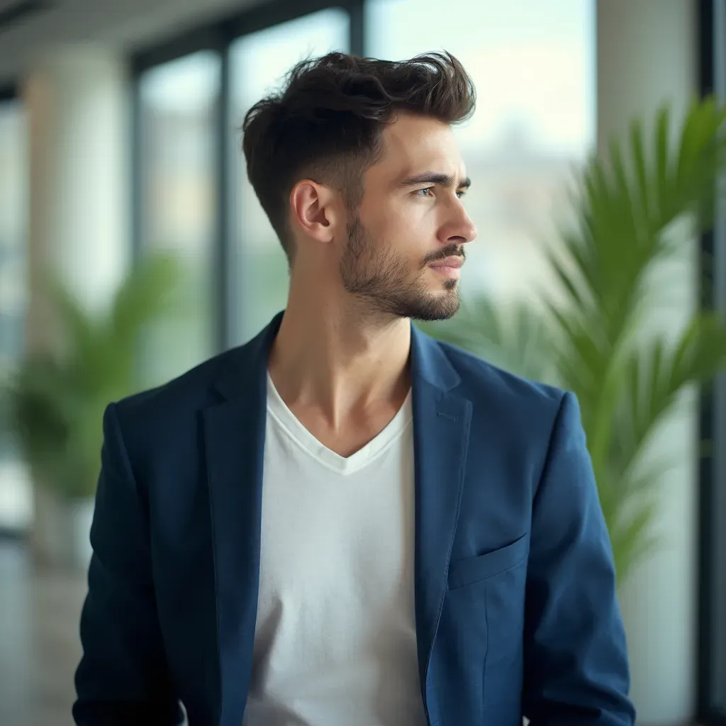 foto de un hombre joven profesional en un entorno corporativo luminoso, fondo de un moderno espacio de reuniones con gran ventanal y plantas verdes, retrato en ángulo de 45 grados que muestra su perfil, vestido con una camisa de algodón blanca y un blazer azul marino, expresión reflexiva y profesional, iluminación natural con reflejos suaves que destacan su rostro, técnica de bokeh que desenfoca el fondo, inspirado en el estilo fotográfico de Peter Lindbergh, resolución 8k, detalles excepcionales y realistas.