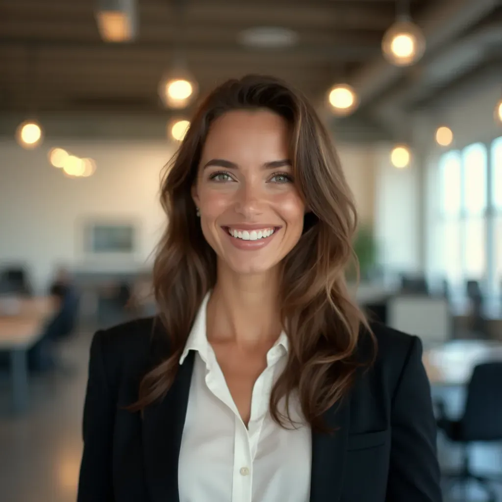 foto de una mujer joven profesional en un ambiente corporativo dinámico, fondo de una oficina moderna con arte contemporáneo y luz natural brillante, retrato a tres cuartos con una sonrisa cálida y expresión entusiasta, vestida con una blusa de seda blanca y un blazer negro, técnica de iluminación de clave alta que resalta su féminidad, inspirada en el estilo de retratos de Cindy Sherman, resolución 8k, detalles precisos y vibrantes.