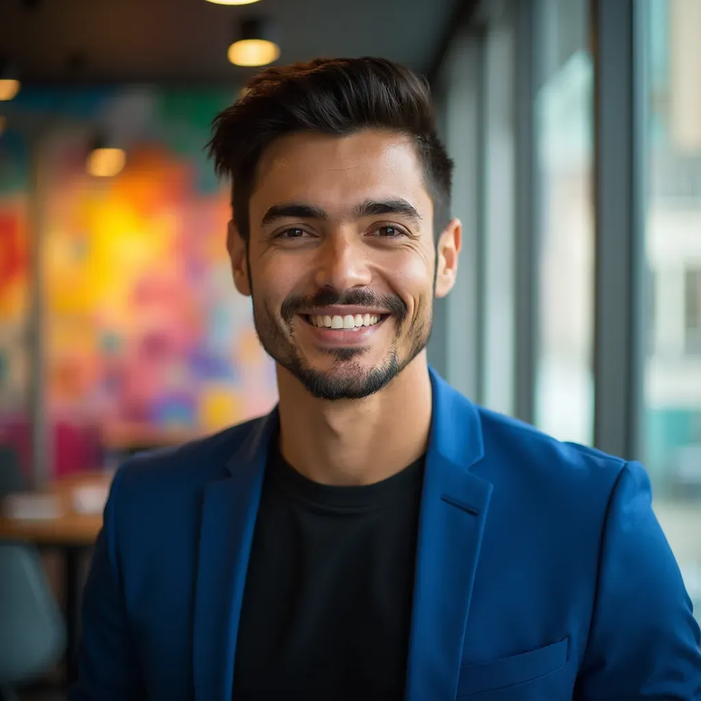 foto de un hombre joven profesional en un entorno corporativo vibrante, fondo de un espacio de trabajo moderno con arte mural colorido, retrato en ángulo de 30 grados con foco en su rostro, vestido con una camisa negra y un blazer azul claro, expresión entusiasta y decidida, iluminación cálida que resalta su sonrisa, técnica de contraste suave que añade profundidad, inspirado en el estilo de retratos de Yousuf Karsh, resolución 8k, detalles excepcionales y realistas.