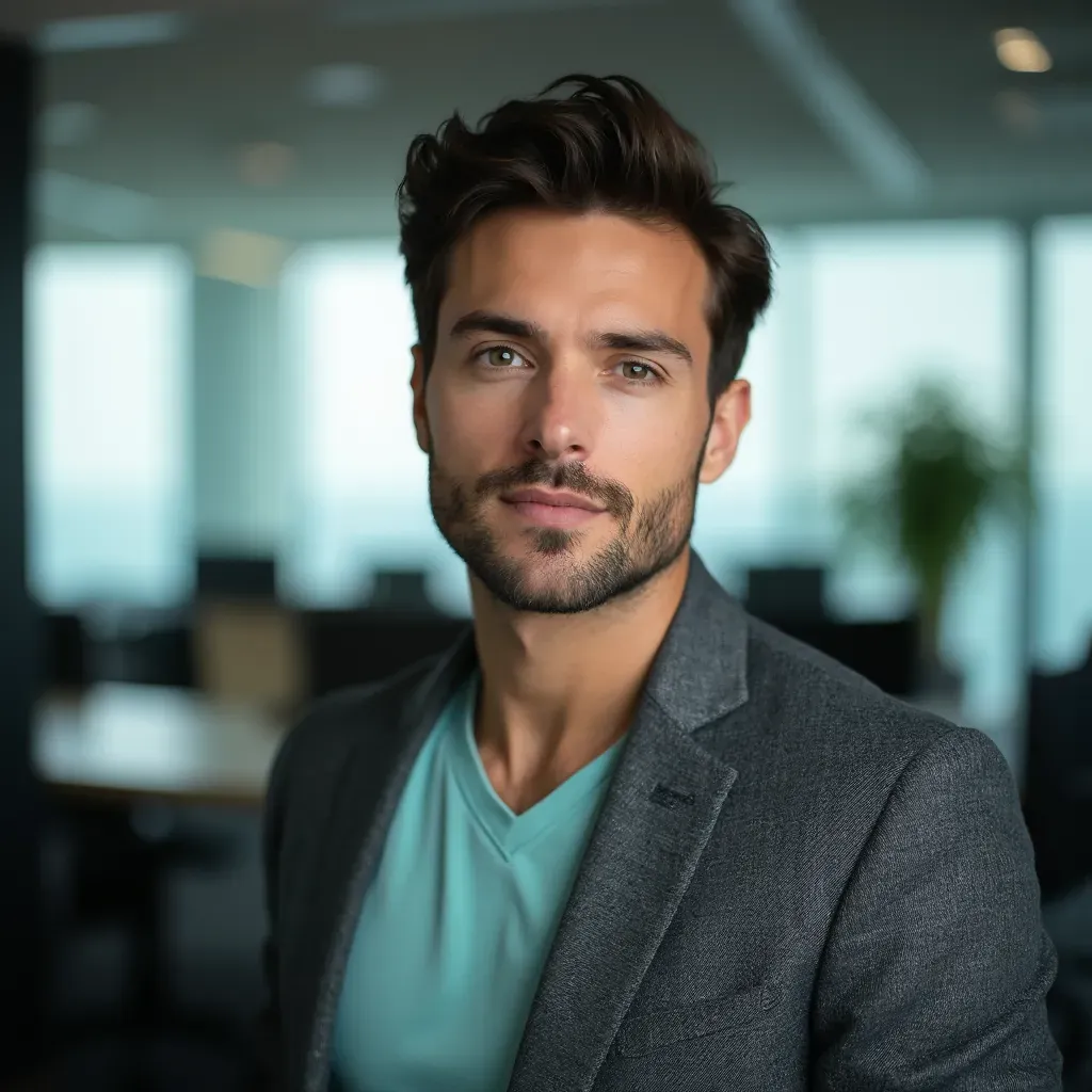 foto de un hombre joven en un entorno corporativo dinámico, fondo de una sala de juntas iluminada por luz natural que entra por grandes ventanales, retrato en medio perfil con una leve inclinación, vestido con blazer gris y una camisa celeste, mirada segura y profesional, técnica de iluminación suave que realza los rasgos faciales, inspirado en el estilo de retratos de Richard Avedon, resolución 8k, detalles precisos y vibrantes.