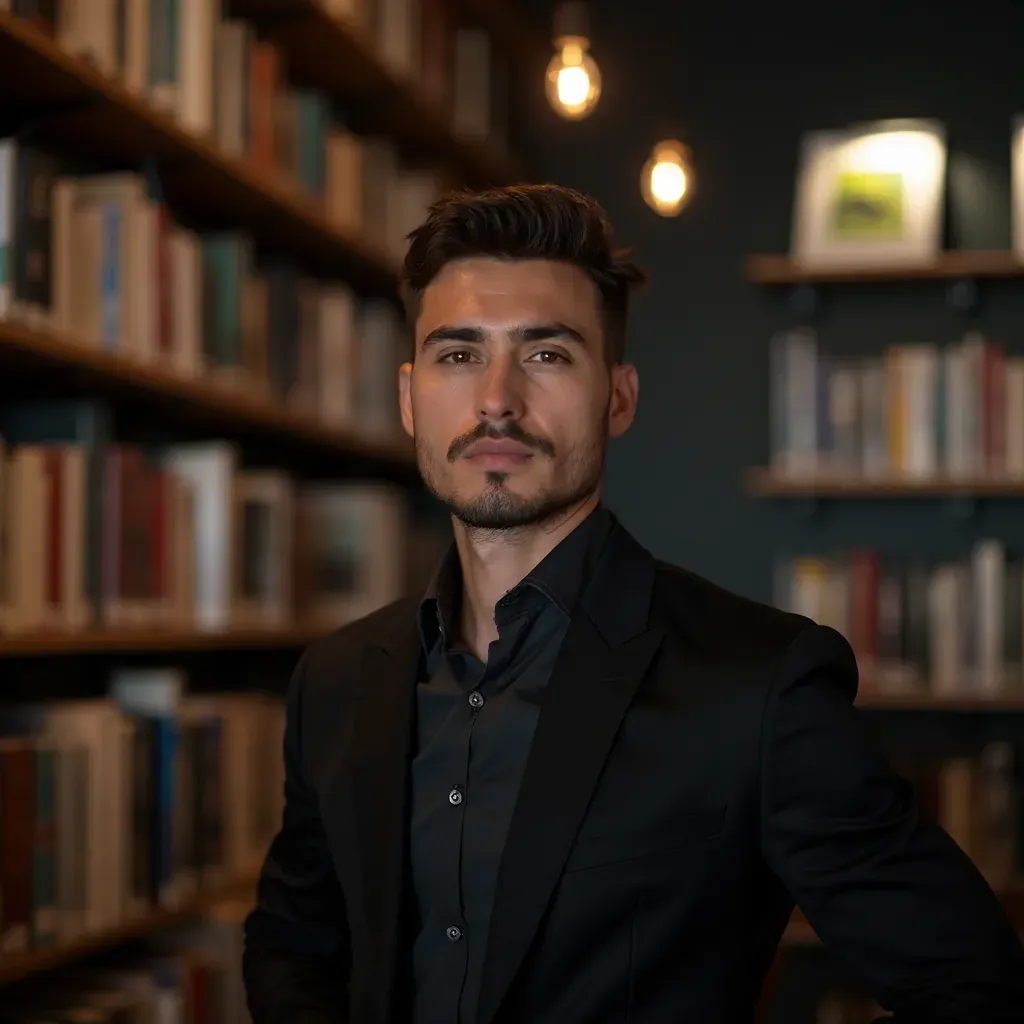 foto de un hombre joven profesional en un ambiente corporativo iluminado, fondo de una biblioteca moderna con estanterías de libros y arte contemporáneo, retrato en ángulo contrapicado que destaca su figura, vestido con un traje oscuro y camisa clara, expresión concentrada y decidida, técnica de iluminación marcada que resalta su rostro, inspirado en el estilo fotográfico de Mario Testino, resolución 8k, detalles vibrantes y bien definidos.