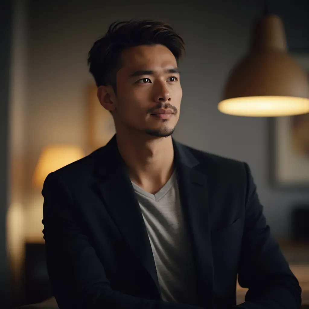 foto de un hombre joven profesional en un entorno corporativo creativo, fondo de una oficina con arte moderno y muebles de diseño, retrato en ángulo bajo que enfatiza su postura segura, vestido con una camiseta de cuello alto y un blazer oscuro, expresión contemplativa y ambiciosa, iluminación cálida que resalta sus rasgos faciales, técnica de iluminación dramática que crea sombras interesantes, inspirado en el estilo de retratos de Helmut Newton, resolución 8k, detalles nítidos y sofisticados.