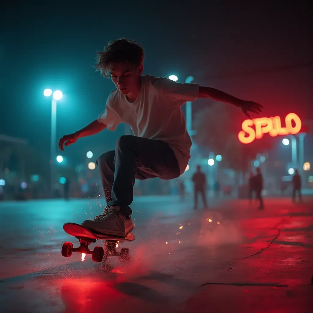 foto de un adolescente de 16 años, desafiando la gravedad mientras practica skate en un parque urbano, iluminación dramática con luces de neón de fondo que destacan su energía juvenil, ángulo bajo que enfatiza su movimiento, capturando la emoción del momento, utilizando una lente gran angular de 24 mm para capturar la acción, inspirado por la fotografía de Chris Burkard, resolución 8k, detalles vibrantes y dinámica visual.