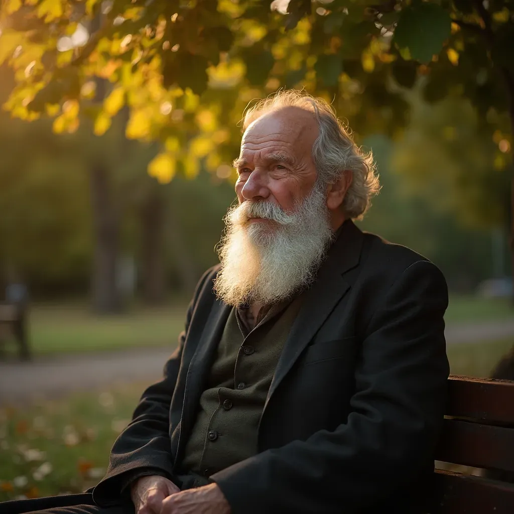 foto de un hombre mayor, resplandeciendo sabiduría, sentado en un banco de parque rodeado de hojas otoñales, luz suave del atardecer creando un ambiente cálido, detalles de arrugas que cuentan historias, fondo desenfocado para resaltar su rostro, utilizando una lente de 50 mm, inspirado por las obras de Martin Schoeller, resolución 8k, iluminación natural favorecedora.