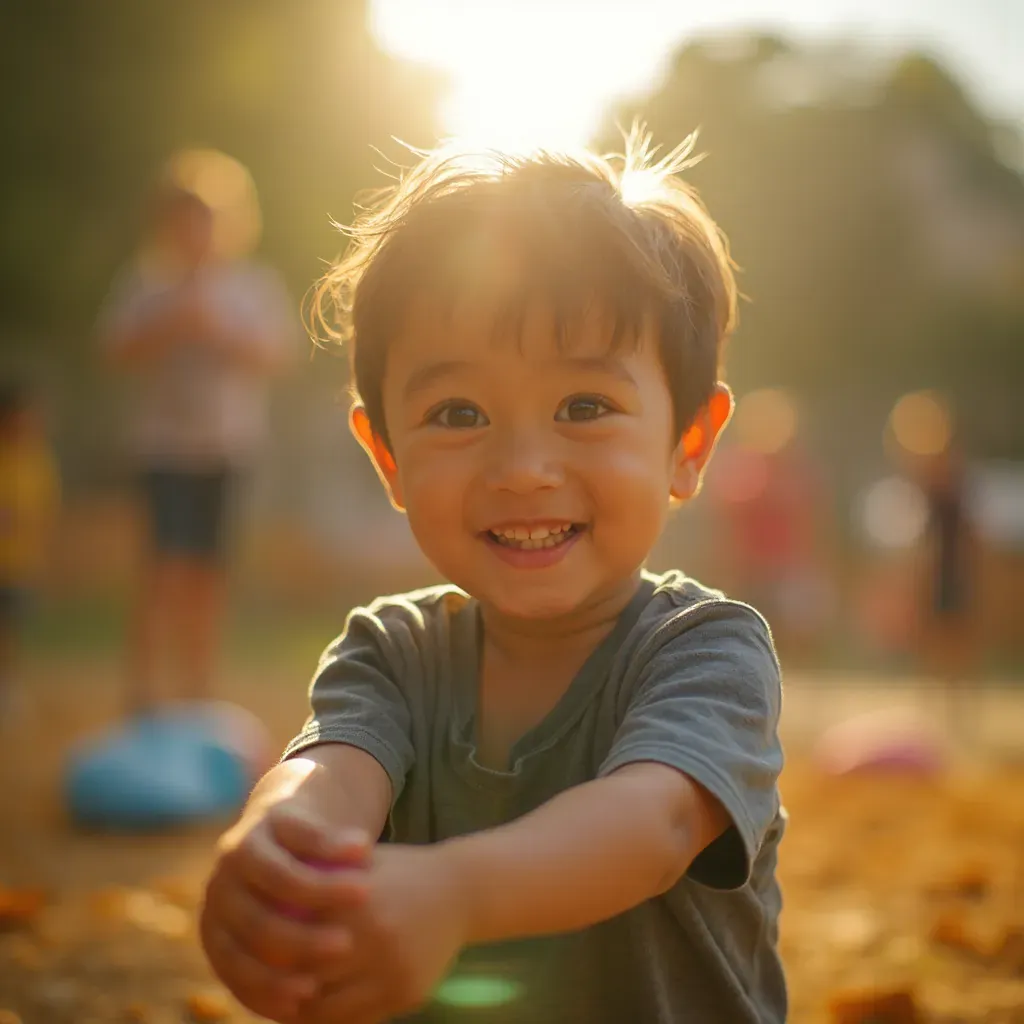 foto de un hombre de 5 años, riendo a carcajadas mientras juega en un parque infantil, rodeado de columpios y resbaladillas, la luz del sol de la mañana crea un aura brillante, capturando la alegría y la despreocupación de la infancia, ángulo centrado con un fondo lleno de color, utilizando una lente de 50 mm para un enfoque nítido en su rostro, inspirado por la fotografía de Sally Mann, resolución 8k, texturas suaves y cálidas.