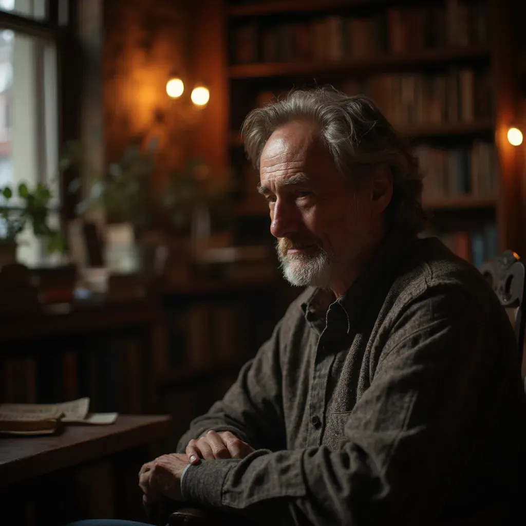 foto de un hombre de 50 años con expresión reflexiva, sentado en una biblioteca antigua llena de libros, luz suave de lámparas que crea un ambiente de sabiduría y serenidad, rodeado de volúmenes de historia, composición centrada que resalta su rostro pensativo, utilizando una lente de 85 mm para capturar los detalles emocionales, inspirado por la fotografía de Steve McCurry, resolución 8k, iluminación cálida y acogedora.